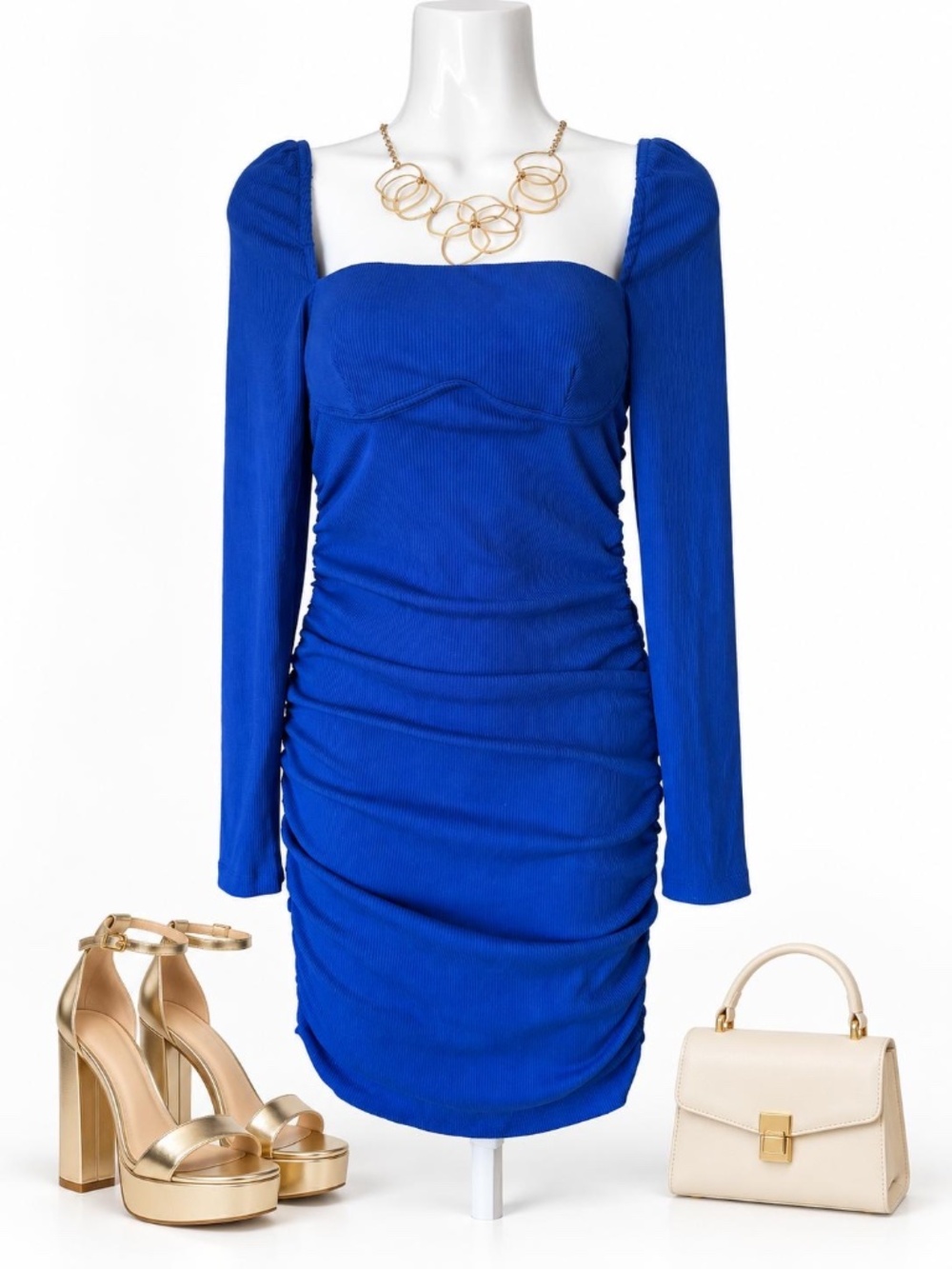 Princess Polly Cobalt Blue Ruched Long Sleeve Mini Dress US 4 NWT